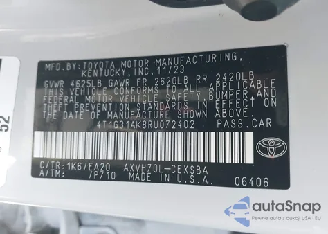 2024 Toyota Camry Hybrid Se из США, поврежденный, VIN 4T1G31AK8RU072402